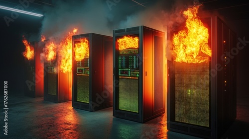 Data center emergency with flaming servers and smoke in dark room