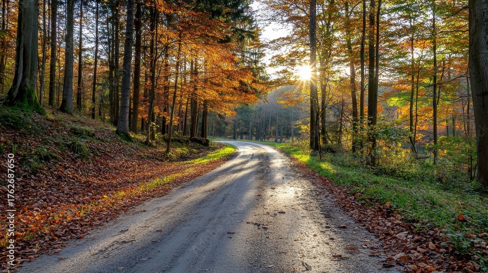 Fototapeta premium Serene Autumn Road Surrounded by Vibrant Forest Colors and Light
