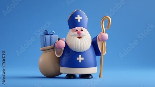 Cheerful cartoon bishop holding gifts and a sack on a blue background.
