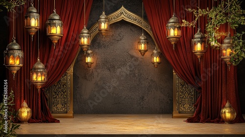 Elegant Arabian Stage Design with Lantern Lights and Red Drapes