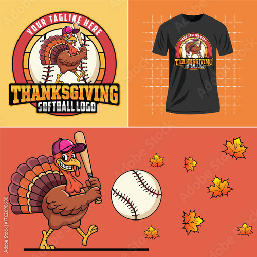 Cartoon turkey mascot playing softball logo. Perfect for sports-themed or Thanksgiving. Cartoon turkey baseball logo template. Happy Thanksgiving Holiday