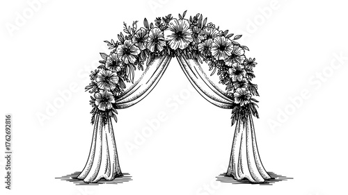a decorative wedding arch adorned with flowers and draped fabric, symbolizing romance, ceremony, and celebration.