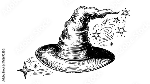 a wizard hat surrounded by sparkling stars and swirls, symbolizing magic, fantasy, and witchcraft.