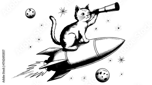 a curious cat sitting on a flying rocket in outer space, holding a telescope and exploring distant planets and stars.