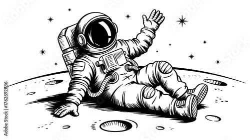 an astronaut resting on the moon surface, wearing a spacesuit and helmet, surrounded by stars in space.