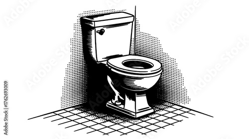 Retro black and white comic drawing of a toilet in a bathroom corner, evoking classic advertising or vintage home design.