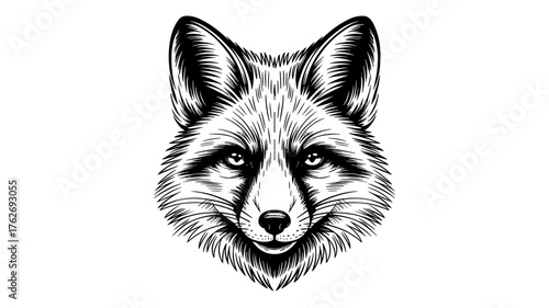 a fox’s head facing forward, drawn in a detailed engraved, symbolizing wisdom, alertness, and nature.