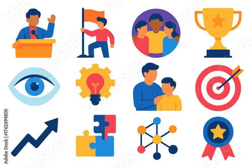 Future Leaders Set flat icons: podium speaker, flag bearer, teamwork circle, trophy, vision eye, innovation gear, puzzle piece, mentorship icon, goal target, upward arrow,