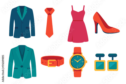 Formal Wardrobe flat icons: suit, tie, dress, heels, blazer, belt, watch, cufflinks.