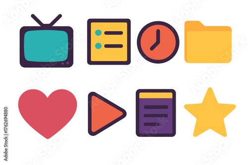 Series Watchlist flat icons: television, episode icon, clock, folder, heart, play button, note, star.