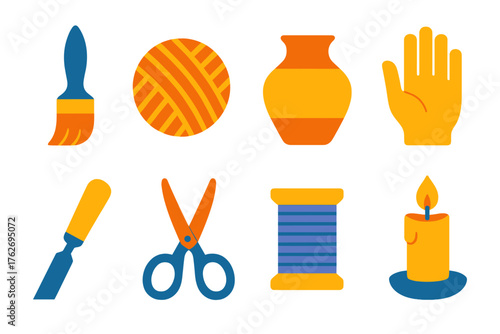 Handcrafted flat icons: paintbrush, yarn, pottery, hand, chisel, scissors, thread spool, candle.