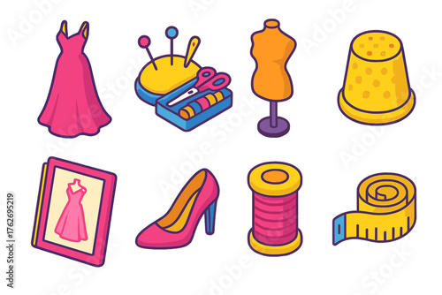 Haute Couture flat isometric set: gown, sewing kit, mannequin, thimble, sketch pad, heels, thread, measuring tape.
