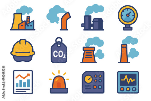 Industrial Emissions Collection flat icons: refinery, exhaust pipe, gas plume, machinery, pressure gauge, safety helmet, CO2 tag, filter vent, chimney, data report, alarm bell,