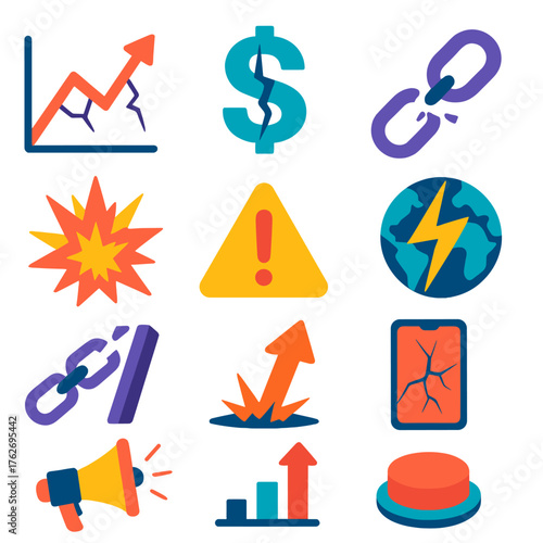 Breaking the Market flat icons: cracked graph, shattered dollar symbol, broken chain link, lightning bolt through globe, explosion burst, falling dominoes, warning triangle,