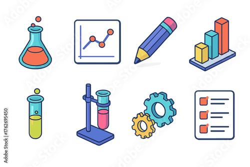 Experimental Design flat isometric set: lab flask, diagram, pencil, bar chart, test tube, experiment setup, gears, checklist.