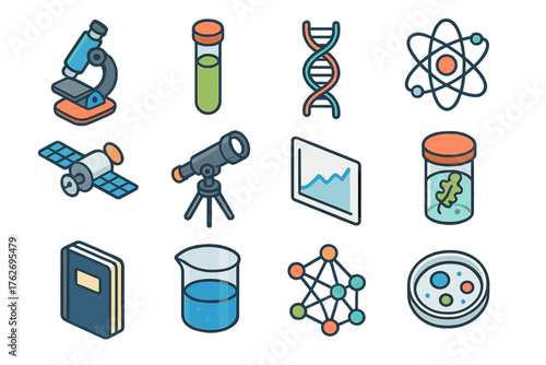 Scientific data set icons in modern isometric flat vector style: microscope, test tube, DNA strand, atom, satellite, telescope, graph chart, specimen jar, lab notebook, beaker,