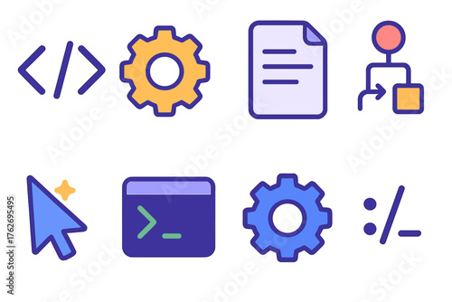 Custom Scripts flat icons: coding brackets, settings, file, automation flow, cursor, terminal, gear, command icon.