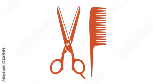 A vibrant orange pair of scissors and a comb a striking silhouette