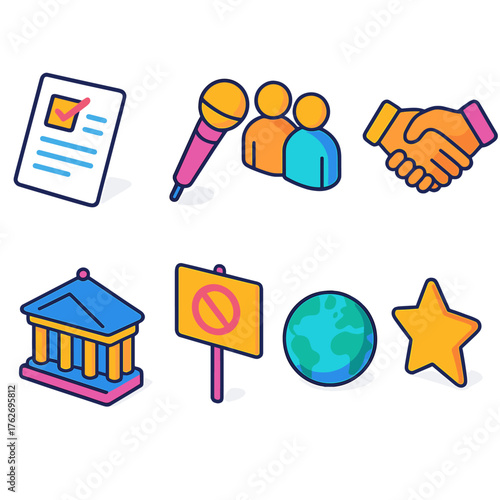 Civic Engagement flat isometric set: ballot paper, microphone, group of people, handshake, civic building, protest sign, globe, star.