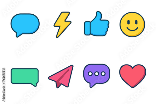 Messaging Responses flat isometric set: chat bubble, lightning bolt, thumbs up, smiley face, text box, paper plane, ellipsis, heart.