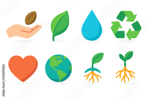Reclaiming flat isometric set: hand, seed, leaf, droplet, recycle symbol, heart, globe, roots.