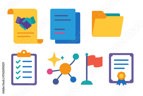Proposal flat icons: agreement scroll, paper stack, guiding star, folder, checklist board, network nodes, flag, certificate.