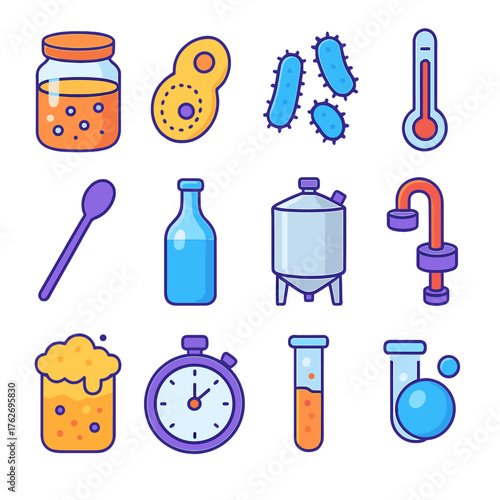 Fermentation Process Set flat isometric set: jar with bubbles, yeast cell, bacteria icon, thermometer, stirring spoon, glass bottle, fermentation tank, airlock lid, timer clock,