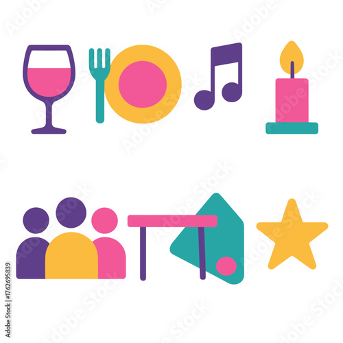 Social Gathering flat icons: wine glass, plate, music note, candle, group, table, napkin, star.