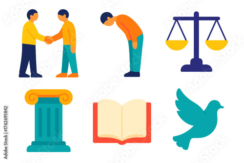Respectful stance flat icons: handshake, bowing figure, balance scale, column, open book, dove.