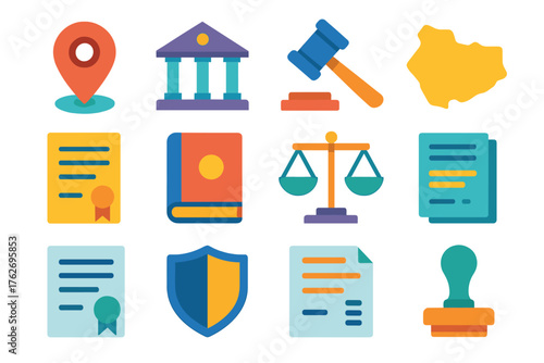 Jurisdiction flat icons: map marker, courthouse, gavel, legal document, law book, scales, certificate, shield emblem, policy paper, map outline, justice building, seal stamp.
