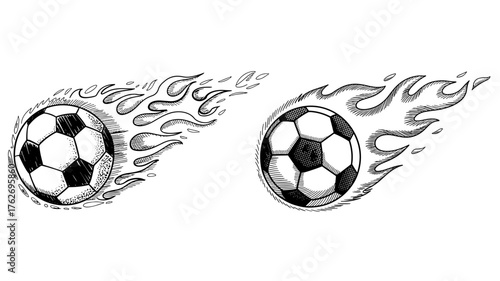 Black and white of two soccer balls with flames, symbolizing speed, energy, power, and dynamic football action in motion.