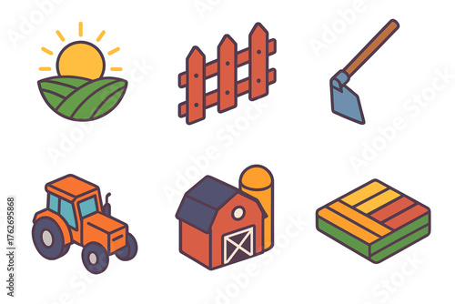 Agriculture & Farming flat isometric set: sunrise over farm, fence, hoe tool, tractor icon, barn silo, crop field.