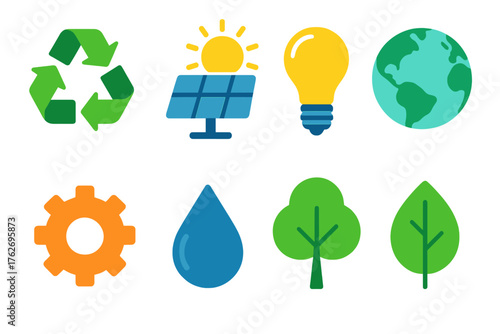 Eco Solutions flat icons: recycle, solar panel, lightbulb, globe, gear, droplet, tree, leaf.