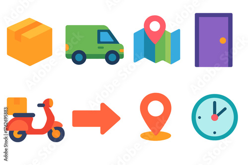 Last-Mile flat icons: box, delivery van, map, location pin, door, scooter, route arrow, clock.