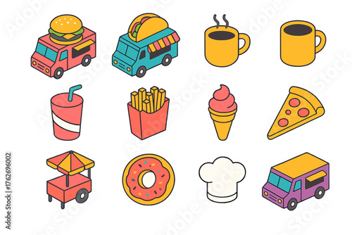 Food Trucks flat isometric set: burger truck, taco van, coffee mug, soda drink, fries icon, ice cream cone, pizza slice, food cart, donut, chef hat, plate icon, street truck.