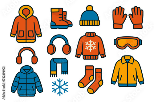 Snow Season Style flat icons: parka, snow boots, knit hat, gloves, earmuffs, scarf, wool sweater, ski goggles, puffer coat, snowflake, socks, jacket.