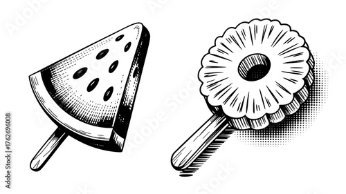 Black and white illustration of two fruit-shaped popsicles, one resembling a watermelon slice and the other a pineapple ring, drawn in a vintage sketch