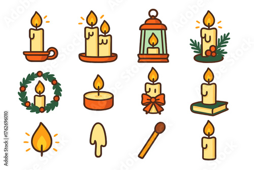 Christmas Candles Cozy Glow Style flat icons: single candle in holder, trio of candles, melting wax, glass lantern, pine-decorated candle, wreath centerpiece, tea light, candle