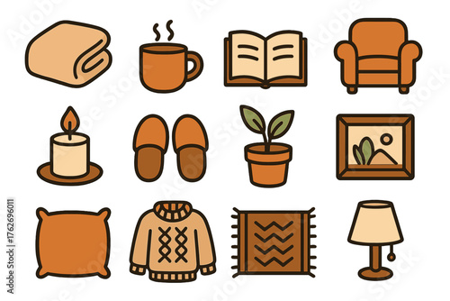 Comfort Culture Home — Warm Flat Icons outline icon set: soft blanket, steaming mug, open book, cozy chair, glowing candle, slippers, potted plant, framed photo, cushion, knitted