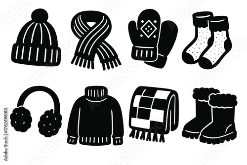 Warm Accessories silhouette set: wool hat, knitted scarf, cozy mittens, fuzzy socks, earmuffs, wool sweater, blanket, winter boots.