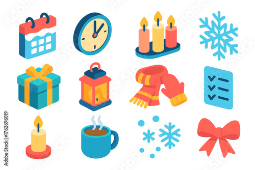 Winter Anticipation Countdown — Bright Flat Icons flat isometric set: frosted calendar, clock ticking, advent candles, snowflake, wrapped gift, glowing lantern, scarf and mittens,