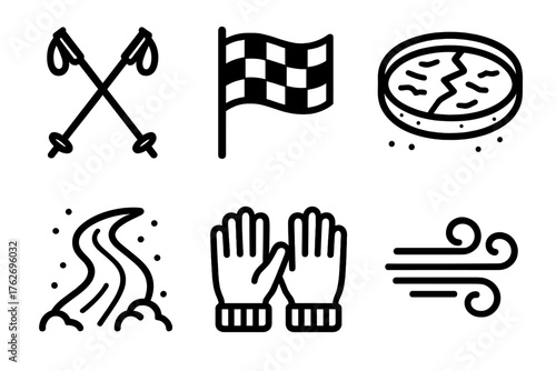 Winter Rush outline icon set: ski poles, racing flag, frozen lake, snow path, gloves, rushing wind.