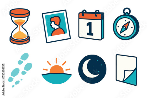 New Year Reflections Past & Future flat isometric set: hourglass, old photograph, new calendar, compass direction, footprints in snow, sunrise horizon, moon fading, turning page.