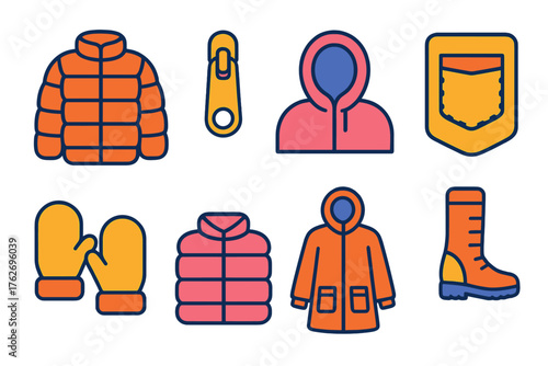 Puffer Coats — modern outline icons flat icons: quilted jacket, zipper pull, hood detail, stitched pocket, warm mittens, folded coat, parka outline, snow boot.
