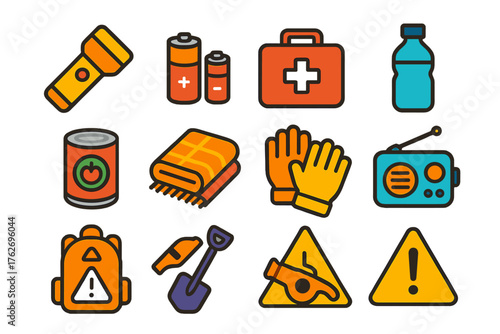 Blizzard Safety Essentials — Bright Flat Icons flat icons: flashlight, batteries, first aid kit, water bottle, canned food, blanket, gloves, radio, whistle, emergency pack, snow