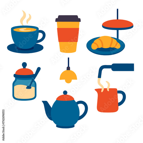 Hot Drink Moments Winter Café flat icons: latte cup, to-go coffee, croissant plate, café table, sugar jar, tea pot, hanging light, barista steam wand.