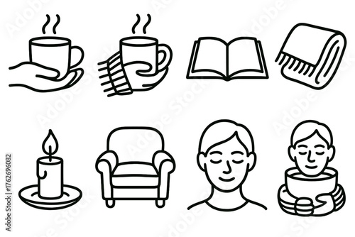 Cup in Hand outline icon set: steaming mug, gentle steam, cozy sweater sleeves, open book, warm blanket, candlelight, soft chair, calm expression.