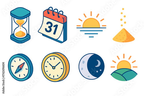New Year Transition Time & Change flat isometric set: hourglass, turning calendar page, sunrise horizon, falling sand, compass direction, spiral clock, moon fading, new dawn.