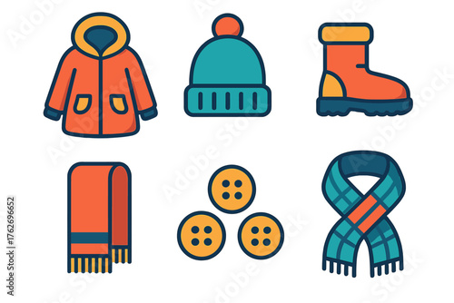 Winter Style flat icons: parka, knit cap, winter boots, shawl, coat buttons, plaid scarf.