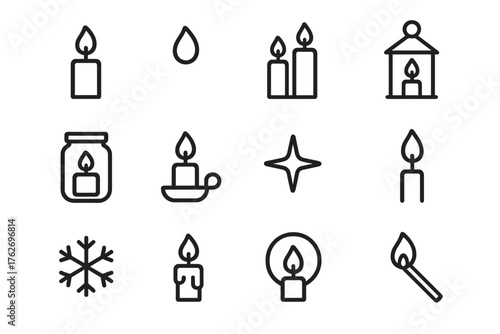 Christmas Candles Minimal Line Icons outline icon set: outline candle, flame symbol, candle trio, lantern outline, glass jar, holder base, star spark, wick close-up, snowflake